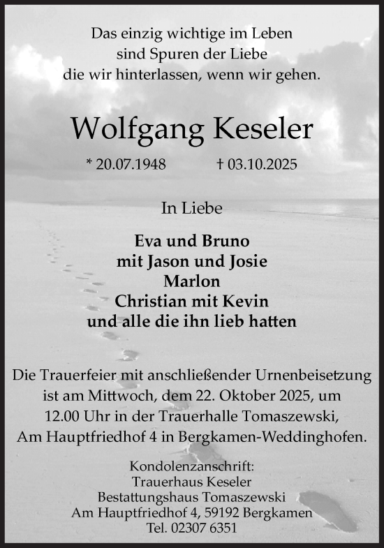 Traueranzeige von Wolfgang Keseler von Hellweger Anzeiger