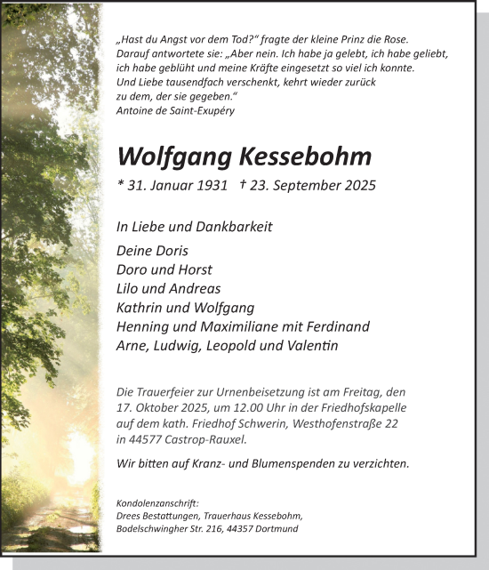 Traueranzeige von Wolfgang Kessebohm von Stadtanzeiger Castrop-Rauxel