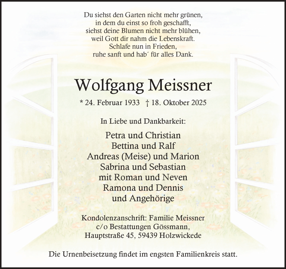  Traueranzeige für Wolfgang Meissner vom 25.10.2025 aus Hellweger Anzeiger