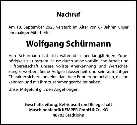 Traueranzeige von Wolfgang Schürmann von Münsterland Zeitung