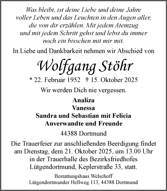 Traueranzeige von Wolfgang Stöhr von Ruhr Nachrichten