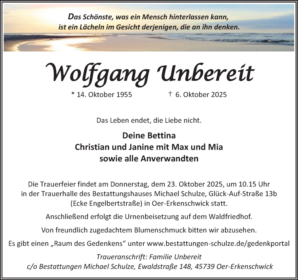 Traueranzeige für Wolfgang Unbereit vom 18.10.2025 aus Trauer Vest