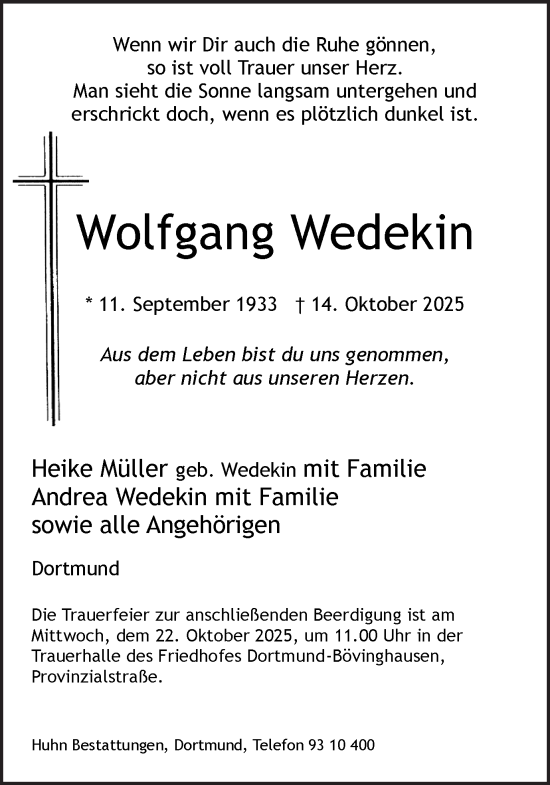 Traueranzeige von Wolfgang Wedekin von Ruhr Nachrichten
