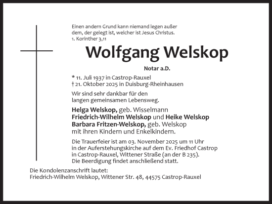 Traueranzeige von Wolfgang Welskop von Ruhr Nachrichten