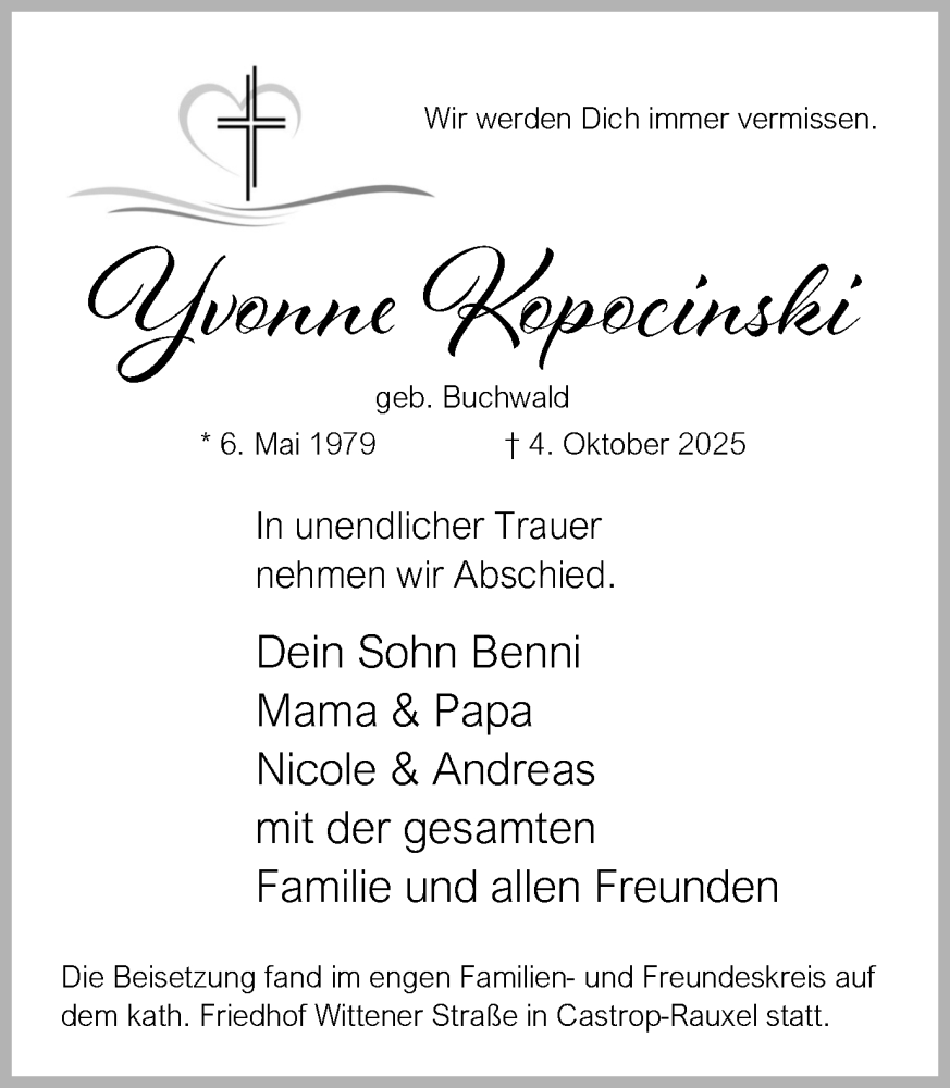  Traueranzeige für Yvonne Kopocinski vom 18.10.2025 aus Stadtanzeiger Castrop-Rauxel