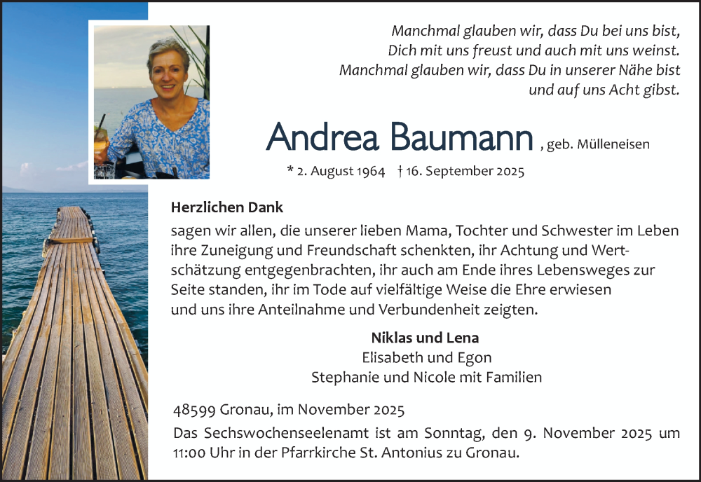  Traueranzeige für Andrea Baumann vom 01.11.2025 aus Bocholter Borkener Volksblatt 