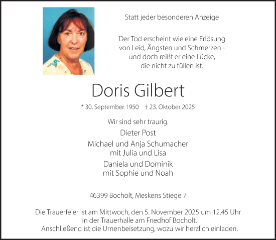 Traueranzeige von Doris Gilbert von Bocholter Borkener Volksblatt