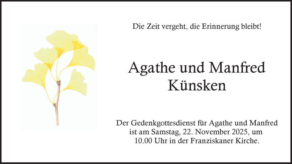  Traueranzeige für Agathe Künsken vom 15.11.2025 aus Ruhr Nachrichten und Dorstener Zeitung