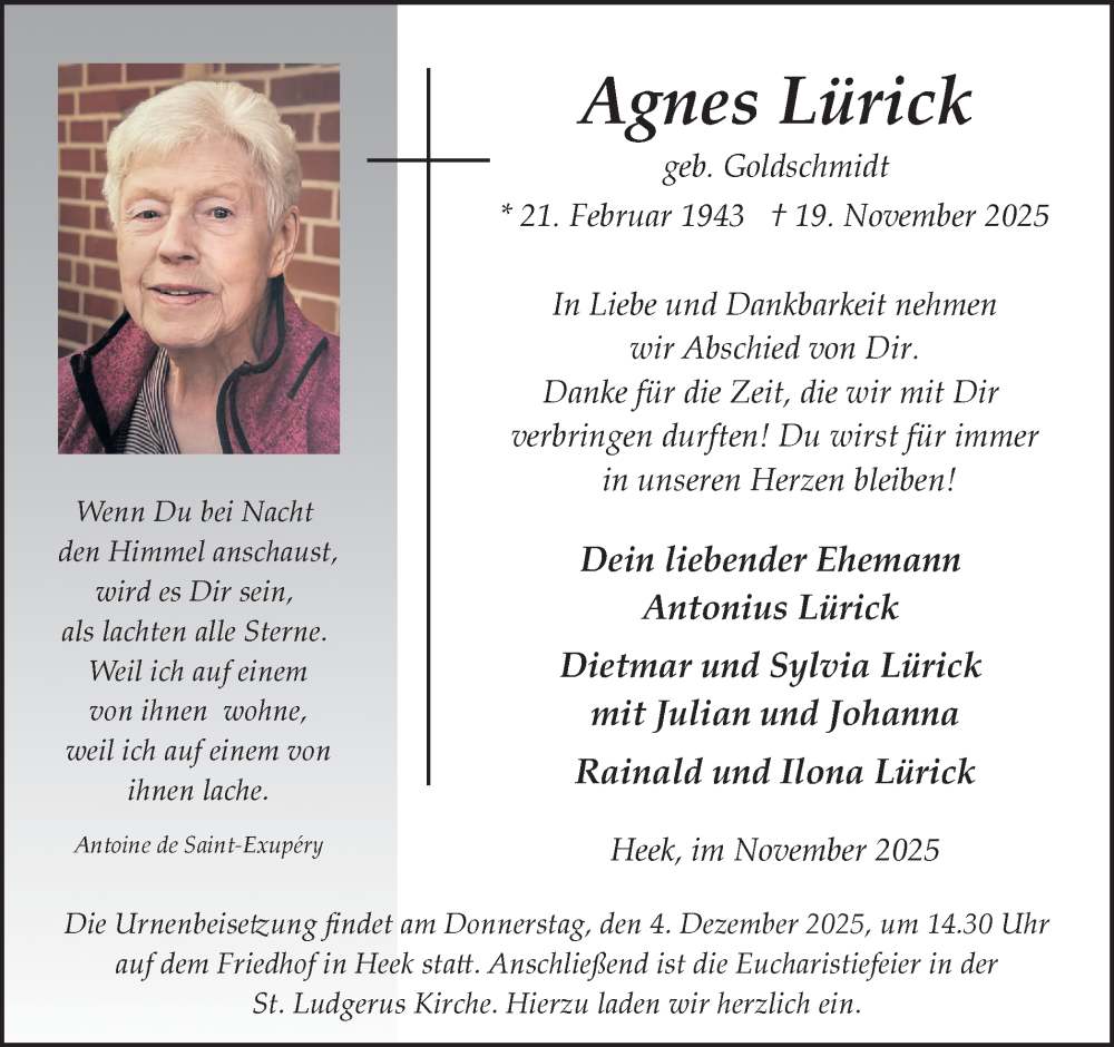  Traueranzeige für Agnes Lürick vom 28.11.2025 aus Münsterland Zeitung