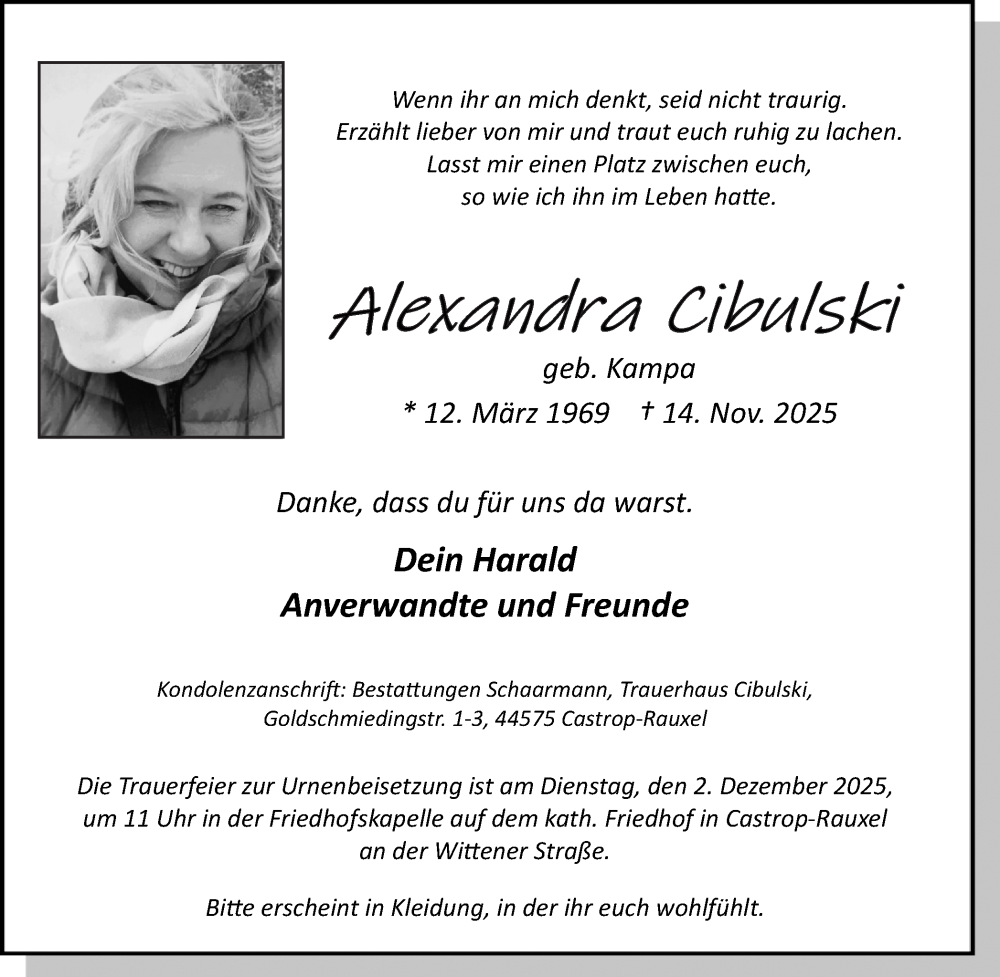  Traueranzeige für Alexandra Cibulski vom 29.11.2025 aus Stadtanzeiger Castrop-Rauxel