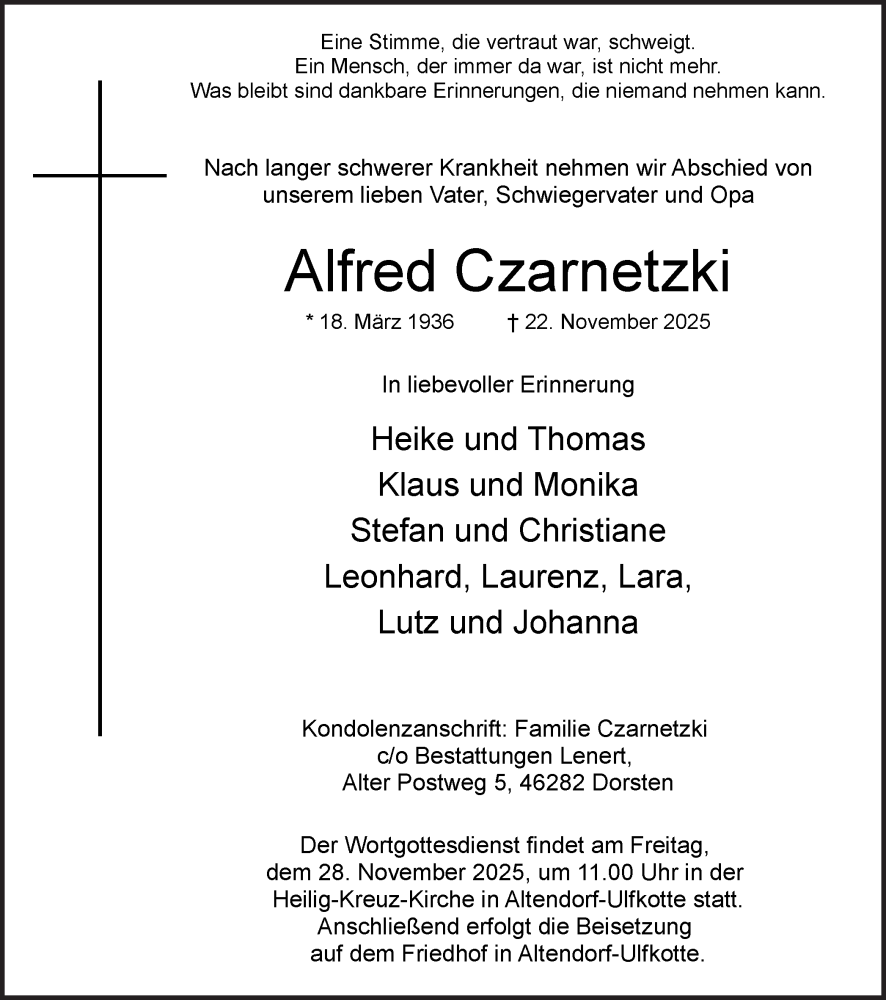  Traueranzeige für Alfred Czarnetzki vom 26.11.2025 aus Ruhr Nachrichten und Dorstener Zeitung