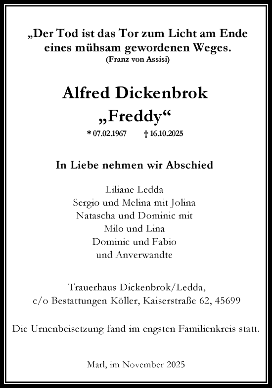 Traueranzeige von Alfred Dickenbrok von Trauer Vest