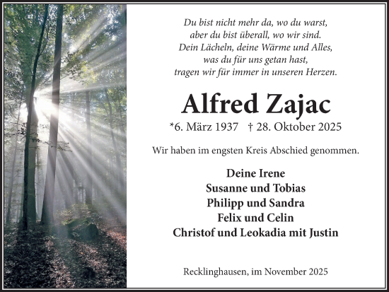 Traueranzeige von Alfred Zajac von Trauer Vest