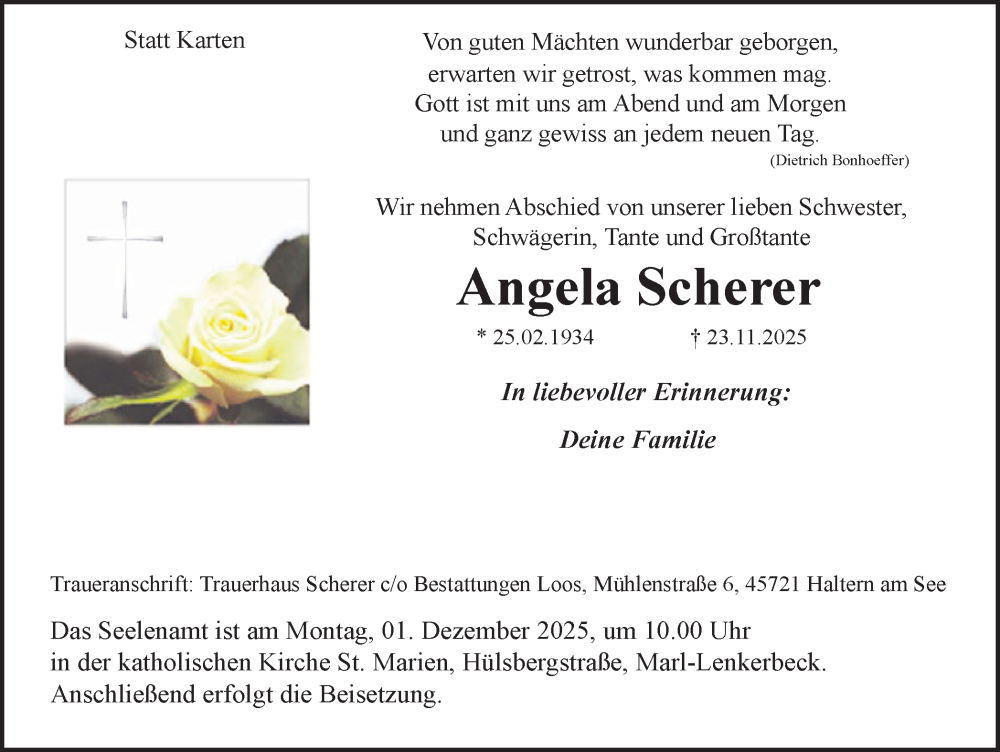 Traueranzeige für Angela Scherer vom 29.11.2025 aus Trauer Vest