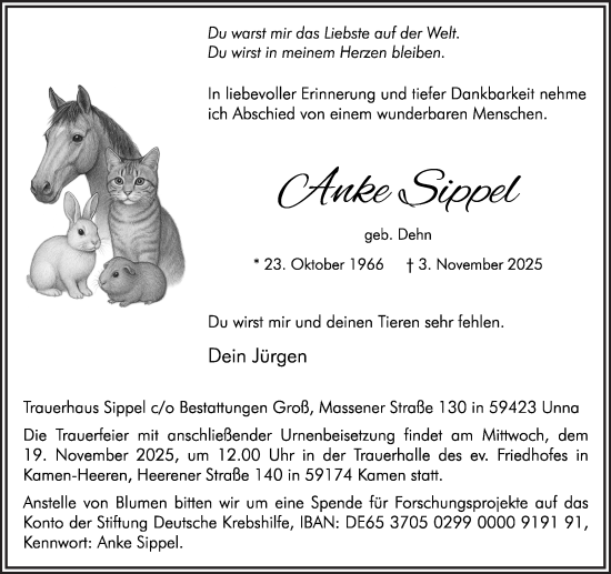 Traueranzeige von Anke Sippel von Hellweger Anzeiger