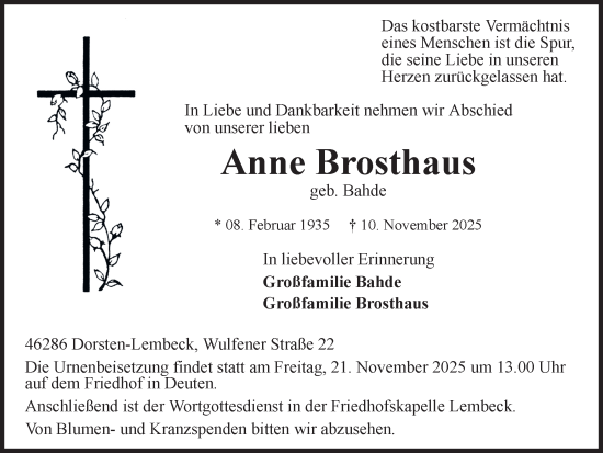 Traueranzeige von Anne Brosthaus von Ruhr Nachrichten und Dorstener Zeitung