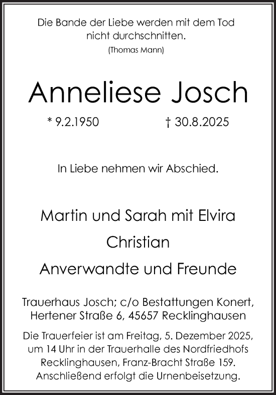 Traueranzeige von Anneliese Josch von Trauer Vest