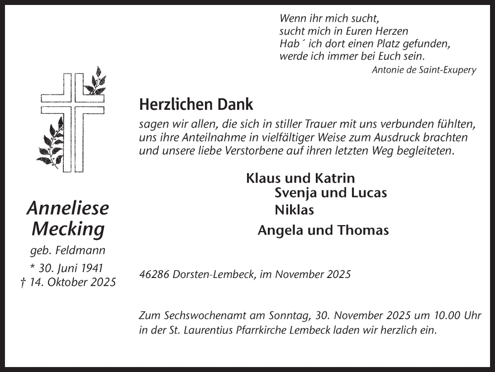  Traueranzeige für Anneliese Mecking vom 26.11.2025 aus Ruhr Nachrichten und Dorstener Zeitung