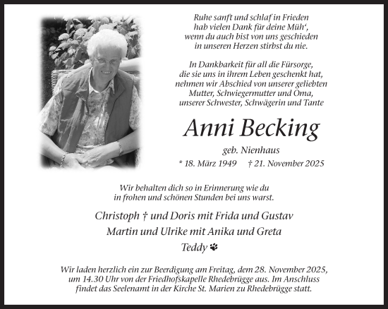 Traueranzeige von Anni Becking 