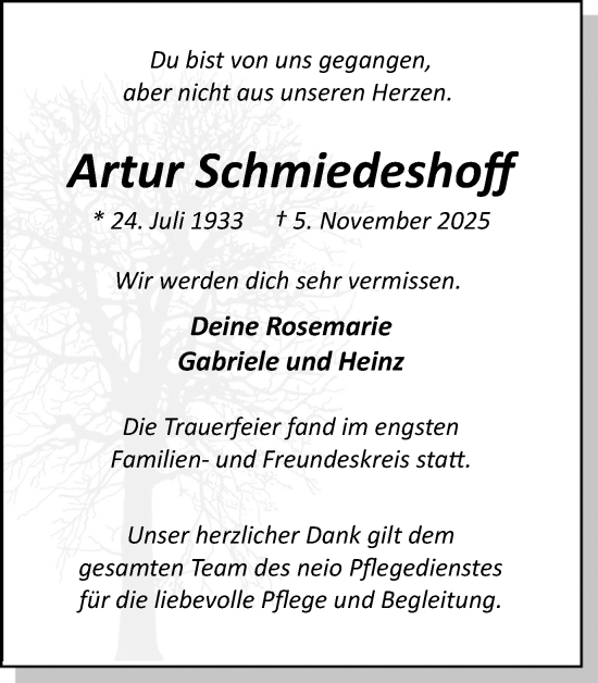 Traueranzeige von Artur Schmiedeshoff von Stadtanzeiger Castrop-Rauxel