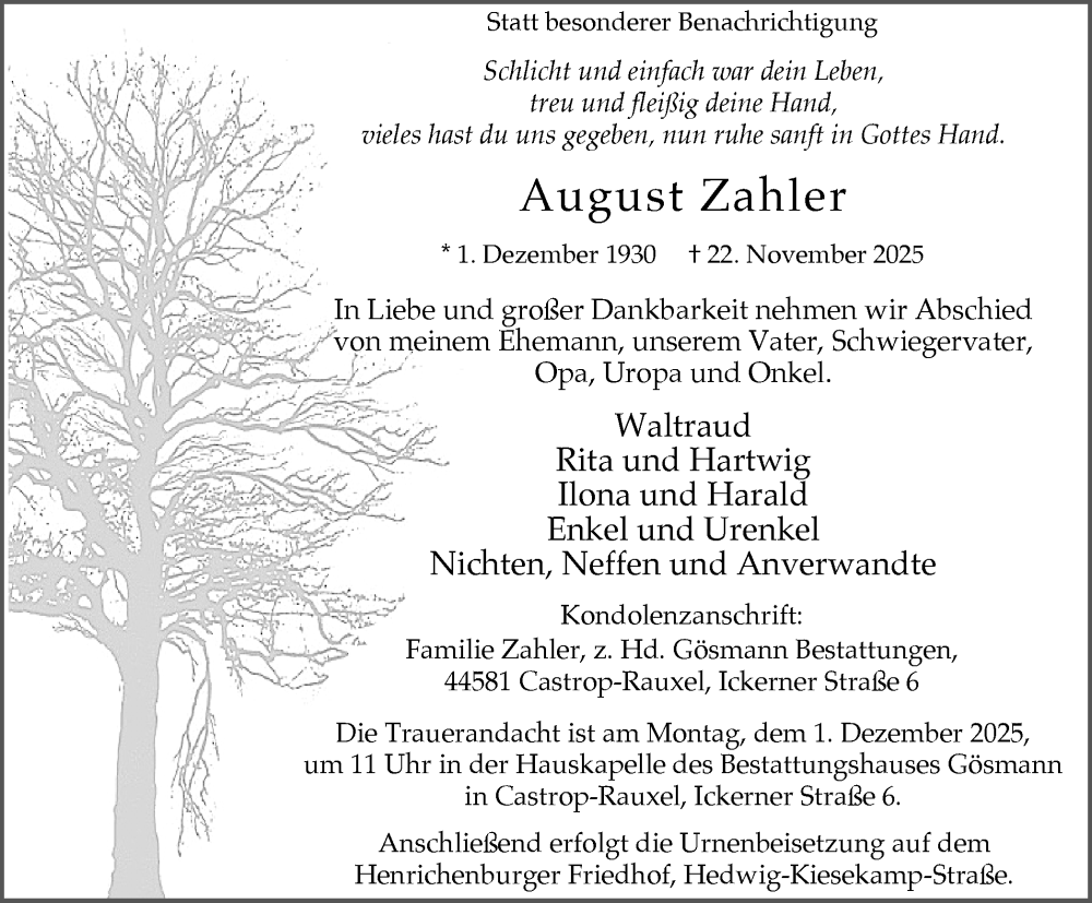  Traueranzeige für August Zahler vom 29.11.2025 aus Stadtanzeiger Castrop-Rauxel