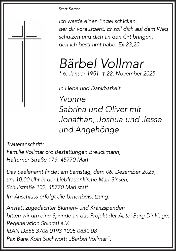  Traueranzeige für Bärbel Vollmar vom 29.11.2025 aus Trauer Vest