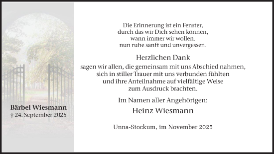 Traueranzeige von Bärbel Wiesmann von Hellweger Anzeiger