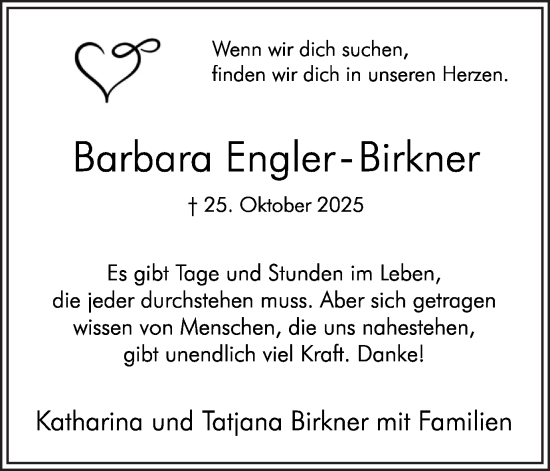 Traueranzeige von Barbara Engler-Birkner von Hellweger Anzeiger