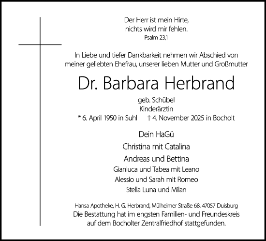 Traueranzeige von Barbara Herbrand 