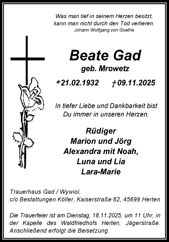 Traueranzeige von Beate Gad von Trauer Vest