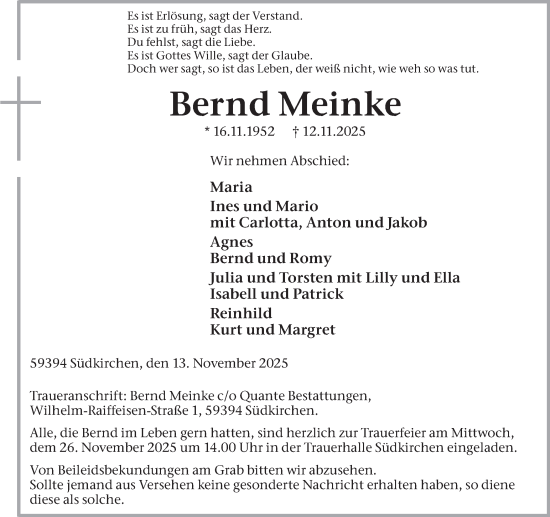 Traueranzeige von Bernd Meinke von Ruhr Nachrichten