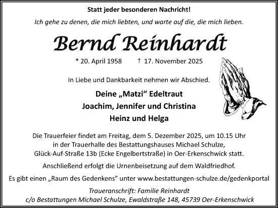 Traueranzeige von Bernd Reinhardt von Trauer Vest