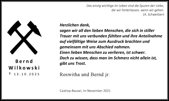 Traueranzeige von Bernd Wilkowski von Stadtanzeiger Castrop-Rauxel