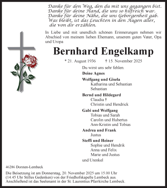 Traueranzeige von Bernhard Engelkamp von Ruhr Nachrichten und Dorstener Zeitung