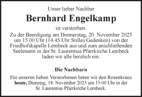 Traueranzeige von Bernhard Engelkamp von Ruhr Nachrichten und Dorstener Zeitung