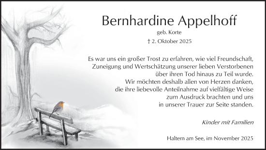 Traueranzeige von Bernhardine Appelhoff von Ruhr Nachrichten und Halterner Zeitung