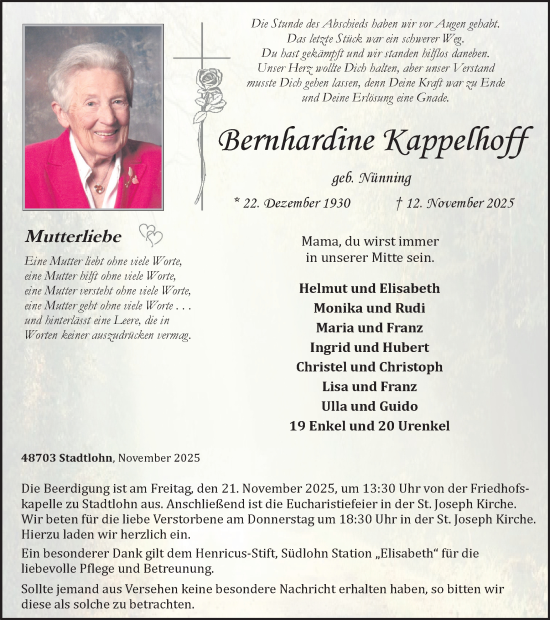 Traueranzeige von Bernhardine Kappelhoff von Münsterland Zeitung