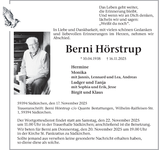 Traueranzeige von Berni Hörstrup von Ruhr Nachrichten