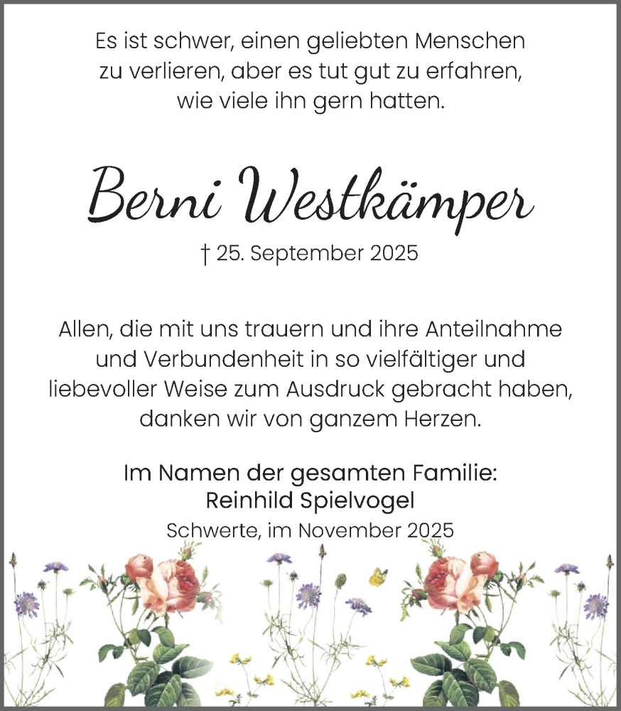  Traueranzeige für Berni Westkämper vom 08.11.2025 aus Ruhr Nachrichten