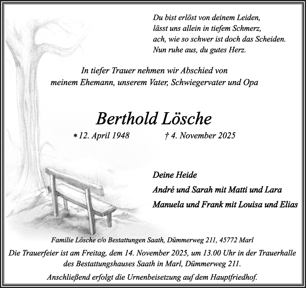  Traueranzeige für Berthold Lösche vom 08.11.2025 aus Trauer Vest