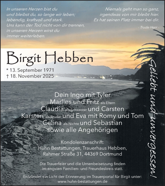 Traueranzeige von Birgit Hebben von Ruhr Nachrichten