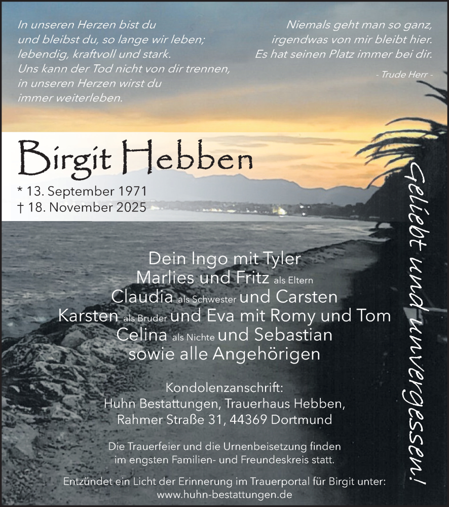  Traueranzeige für Birgit Hebben vom 29.11.2025 aus Ruhr Nachrichten