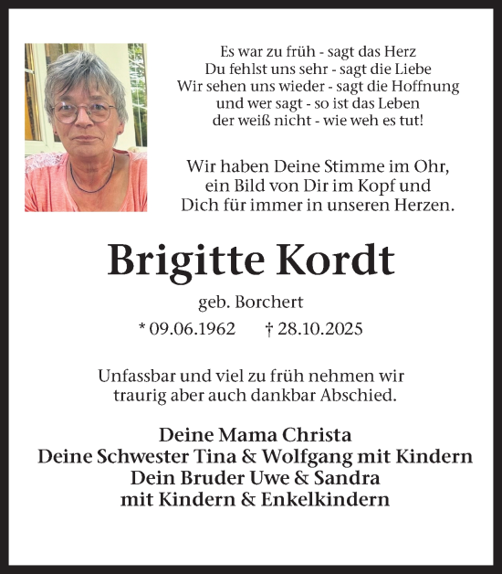 Traueranzeige von Brigitte Kordt von Hellweger Anzeiger