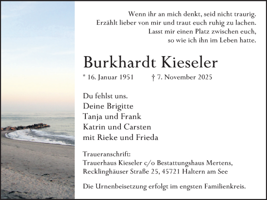 Traueranzeige von Burkhardt Kieseler von Ruhr Nachrichten und Halterner Zeitung