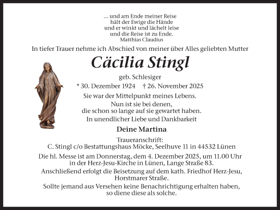 Traueranzeige von Cäcilia Stingl von Ruhr Nachrichten