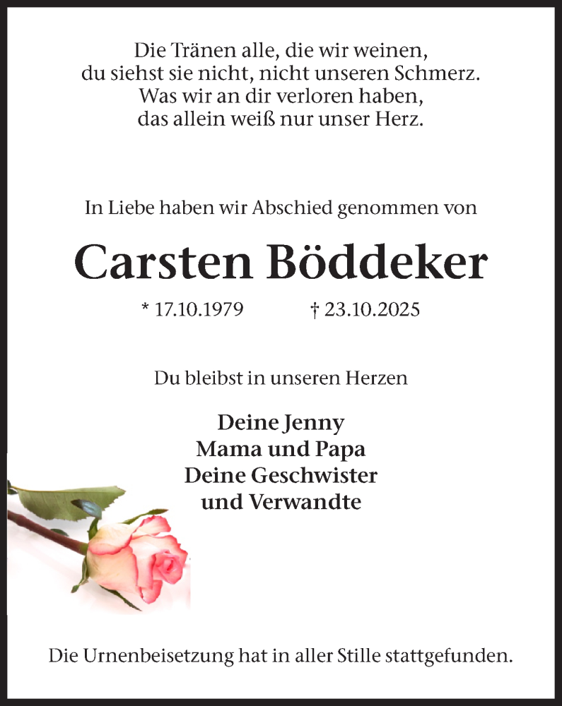  Traueranzeige für Carsten Böddeker vom 22.11.2025 aus Stadtanzeiger Castrop-Rauxel
