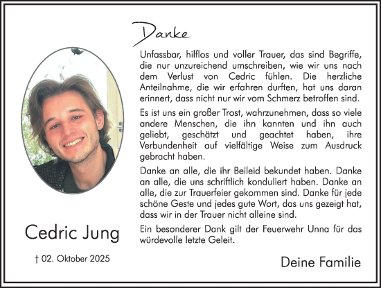 Traueranzeige von Cedric Jung von Hellweger Anzeiger