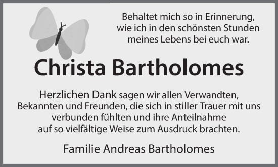 Traueranzeige von Christa Bartholomes 