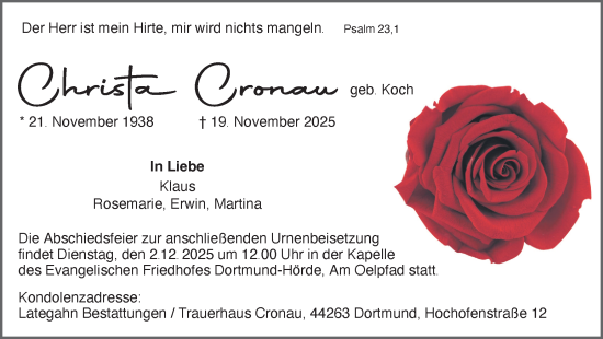 Traueranzeige von Christa Cronau von Ruhr Nachrichten