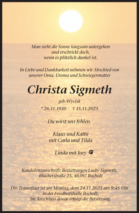 Traueranzeige von Christa Sigmeth 